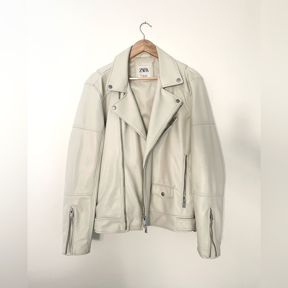 ZARA cream faux leather motto jacket L